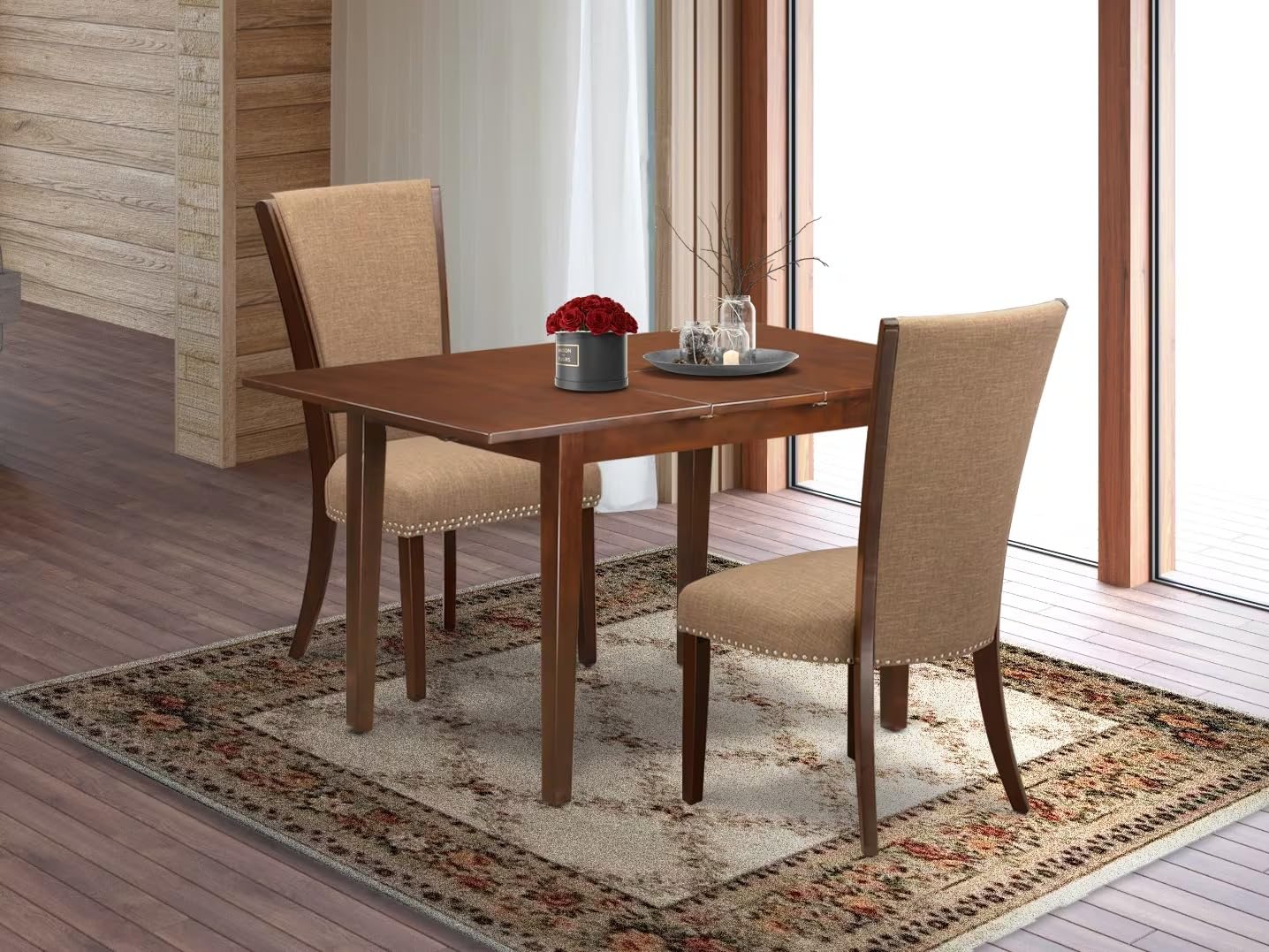 East West Furniture Nfve3-Mah-47 3 Piece Kitchen Table Set Contains A Rectangle Dining Room Table With Butterfly Leaf And 2 Light Sable Linen Fabric Parson Chairs, 32X54 Inch, Mahogany